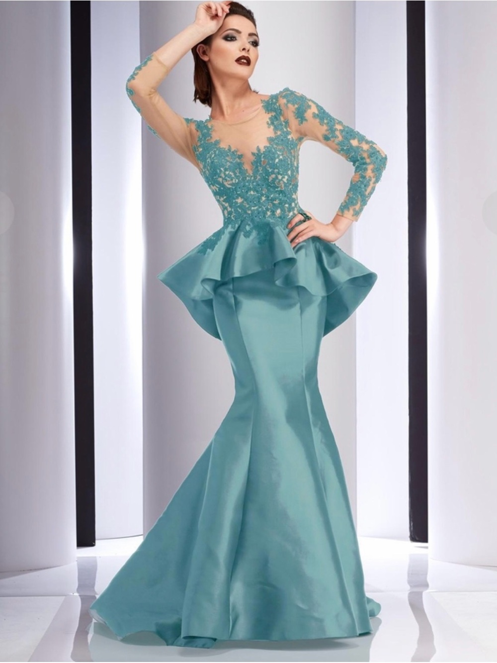 Clarisse 4701 Teal Lace Appliqué Long Sleeve Peplum Mermaid Gown